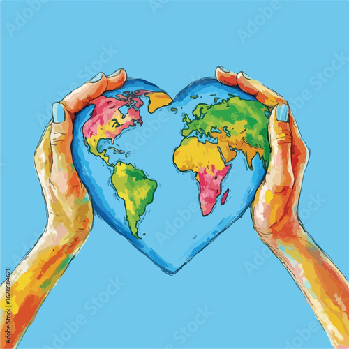Global map formed by painted hands