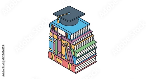 A stack of colorful books with a graduation cap on top of the pile on a white background art