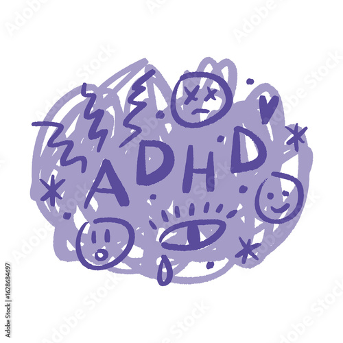 ADHD Awareness Brain with Thoughts Tears and Distress Mental Psychology Lettering Vector Clip-art 