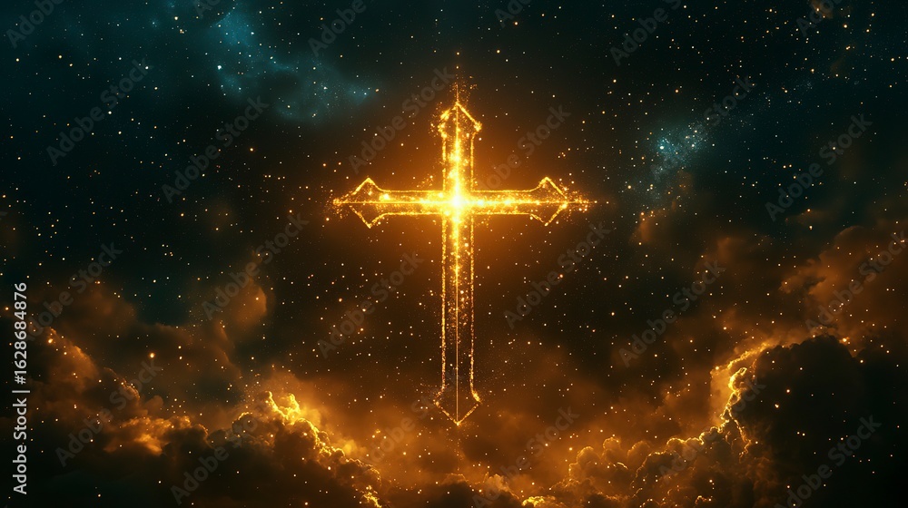 Naklejka premium Cross-shaped constellation illuminated in a starry sky over a tranquil night landscape