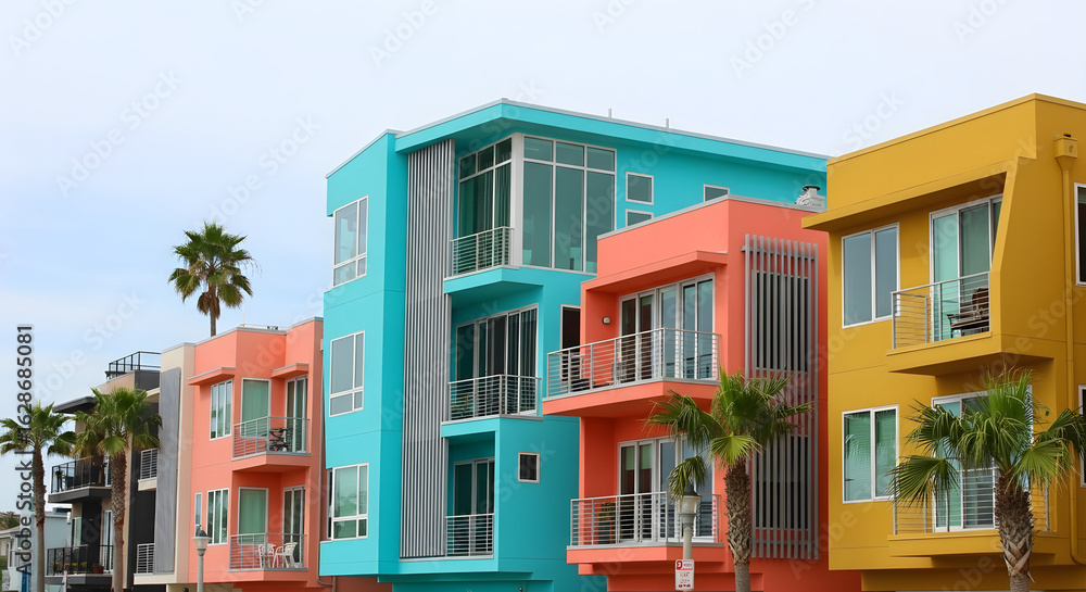 Naklejka premium Colorful modern beach houses row with blue, coral and yellow exteriors and palm trees