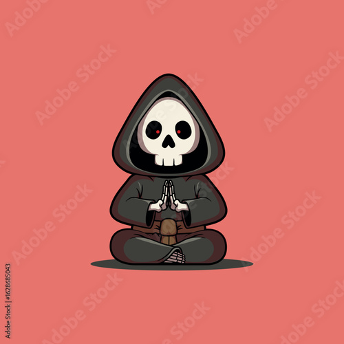 Meditating Grim Reaper in Relaxing Pose vector illustration. Mascot, brand design concept.