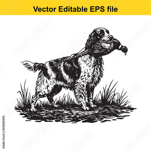 English Springer Spaniel Vintage Black & White Hunting Dog Illustration with Pheasant – Standing, Jumping, and Hunting Pose