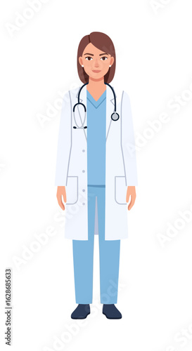 Confident female doctor in a white lab coat and blue scrubs standing with a stethoscope. A professional medical worker illustration.