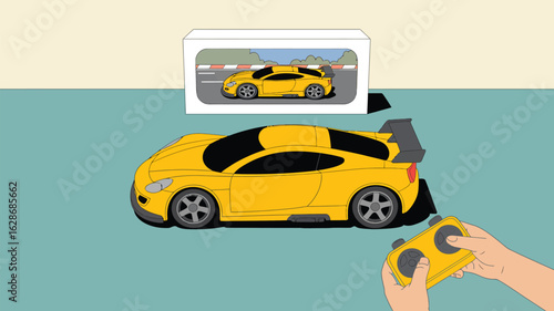 Cartoon of a Yellow Toy Car with Remote Control and Boxed Car, Isolated on Plain