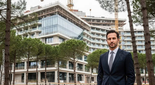 Wallpaper Mural A modern building with a person in the front. The person in formal wear is standing outside the structure. The building has unique architectural design and reflects modernity Torontodigital.ca