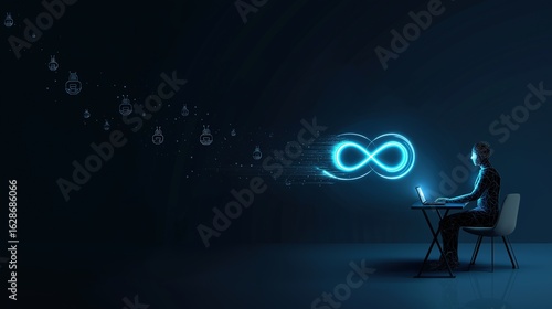 Endless AI Learning – Professional Working at Laptop with Glowing Infinity Loop and Robot Icons, Symbolizing Continuous Machine Learning and Intelligent Automation

