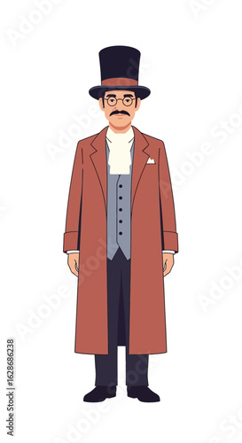 An elegant illustration of a dapper Victorian gentleman with a mustache, wearing a top hat and a long coat. Isolated character design.