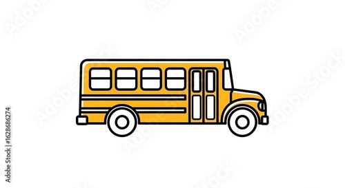 A simple illustration of a yellow school bus with black outlines on a plain white background space
