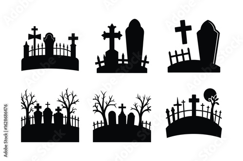 Graveyard Scene Vector Illustration on White Background