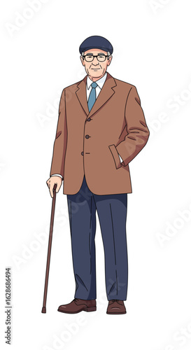 A dignified elderly gentleman in classic attire with a flat cap and walking cane. Full-body anime style illustration of a senior citizen.