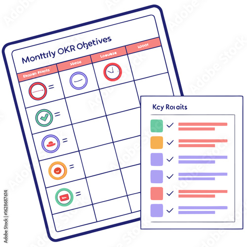 Illustration of a monthly okr objectives chart with key roi aits list and various status indicators