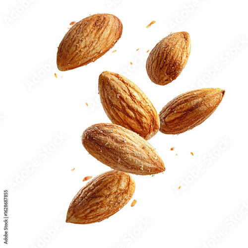 floating almond nuts isolated on white background
