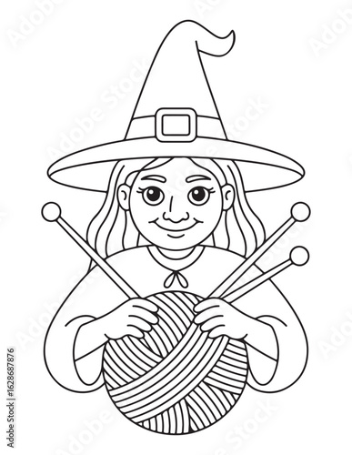 Witch Knitting Yarn Halloween Illustration, Line Art Black and White Coloring Page for Kids and Adults, Detailed Magical Character Artwork