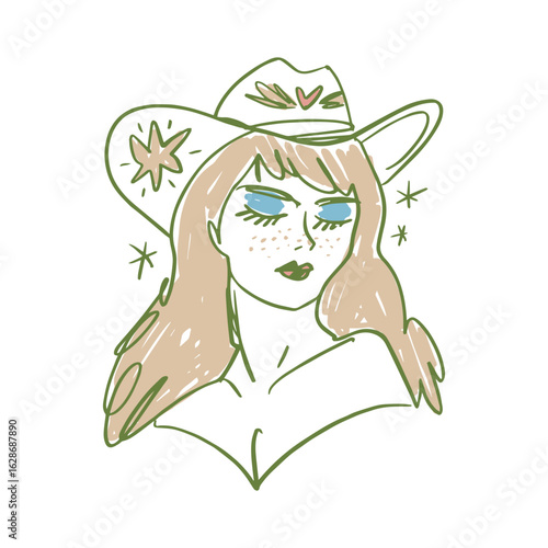 Cowgirl Portrait With Star Elements Boho Art Cute Girly Vector Clipart