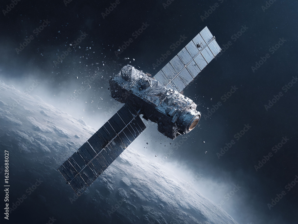 Obraz premium Futuristic satellite orbiting a planet. Space exploration, science, and technology concept. Could symbolize innovation, connectivity or orbital debris issues.