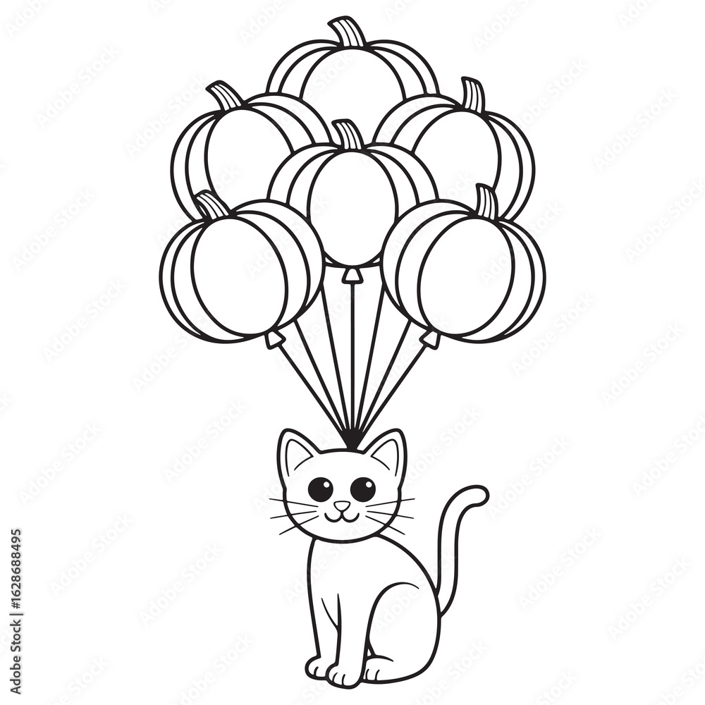 Fototapeta premium Cat with Balloons Line Art Whimsical Animal Coloring Page for Kids and Adults 