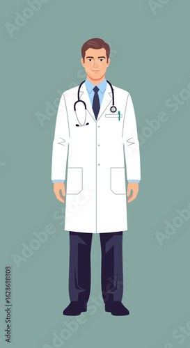 Professional male doctor in a white lab coat with a stethoscope. Vector illustration of a friendly healthcare worker standing full-length.