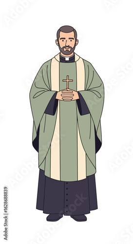 Vector illustration of a Christian priest character standing in green liturgical vestments, holding a cross