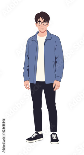 Vector illustration of a modern young man with glasses, dressed in casual style. Full body character design for web or print.