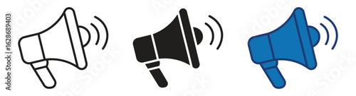 Megaphone or loudspeaker icon set . Symbol of alert, notification or announcement. Vector illustration .