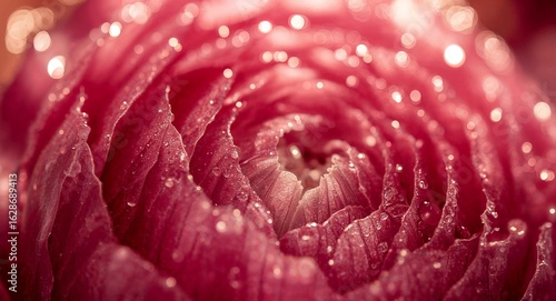 Vibrant Pink Flower Petals Adorned with Dew Drops and Golden Bokeh Lights Dreamy Floral Macro