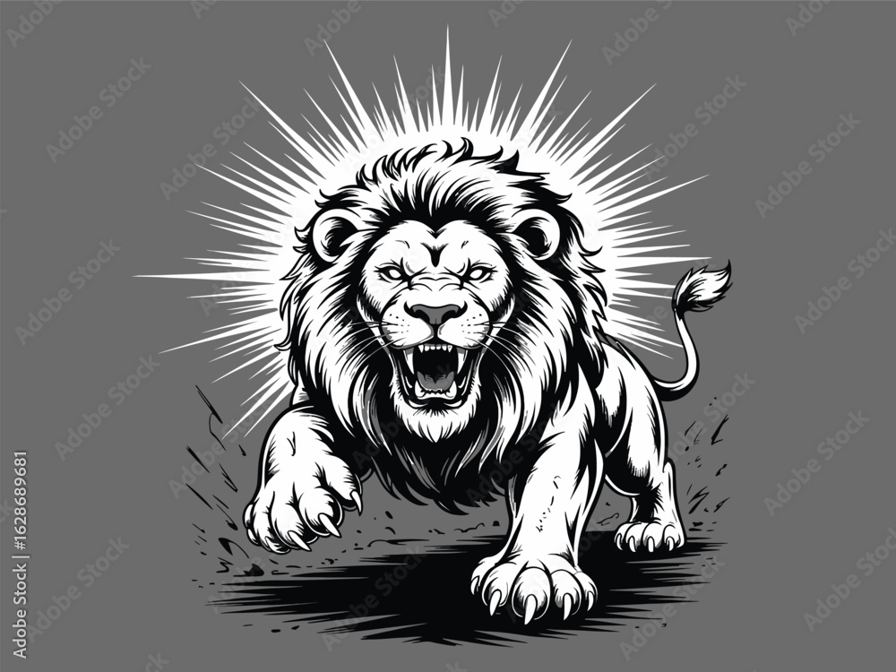 Fototapeta premium Aggressive lion charging forward with radiating lines and dust effect vector illustration