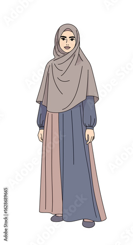 Vector character illustration of a young Muslim woman wearing a stylish hijab and modest abaya dress, isolated on a white background