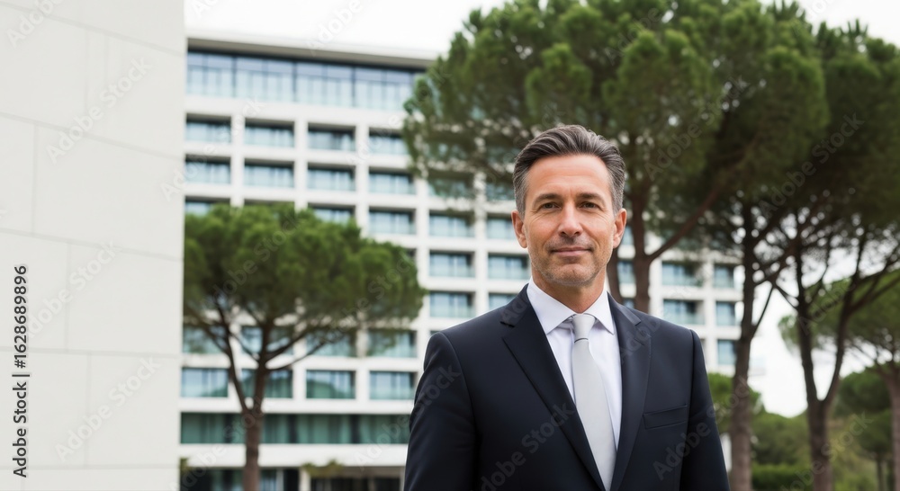 Confident business professional in a suit posing outside a modern building, exuding success and authority. The man exudes an air of experience and intelligence, with a serious gaze. Confident business professional in a suit posing outside a modern building, exuding success and authority. The man exudes an air of experience and intelligence, with a serious gaze.