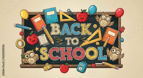 A chalkboard with back to school message and school supplies illustrations around it with some cute owls