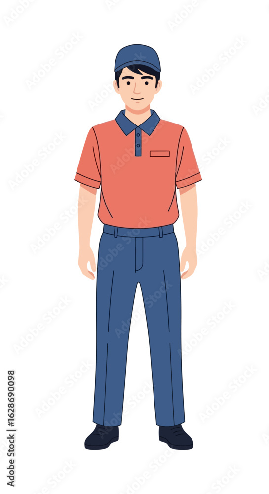 A young Asian man in a work uniform with a cap, standing full body. Vector character illustration for service or delivery staff concepts. A young Asian man in a work uniform with a cap, standing full body. Vector character illustration for service or delivery staff concepts.