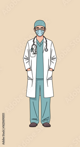 Illustration of a doctor wearing a lab coat, scrubs, and a face mask, with a stethoscope for medical and healthcare concepts.