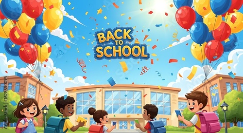 Cartoon illustration of children going back to school with balloons and confetti celebration