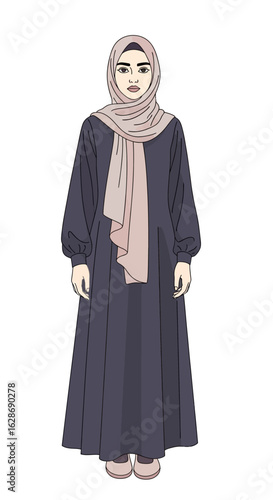 A beautiful Muslim woman standing in a traditional abaya and hijab. Full-length character illustration representing Islamic culture and identity.