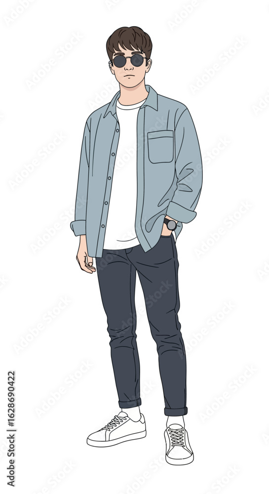 Illustration of a stylish young man in casual modern fashion. Full-body character design of a handsome guy wearing sunglasses. Illustration of a stylish young man in casual modern fashion. Full-body character design of a handsome guy wearing sunglasses.
