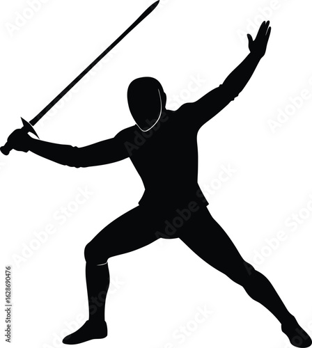 black silhouette a fencer attacking with sword on .eps