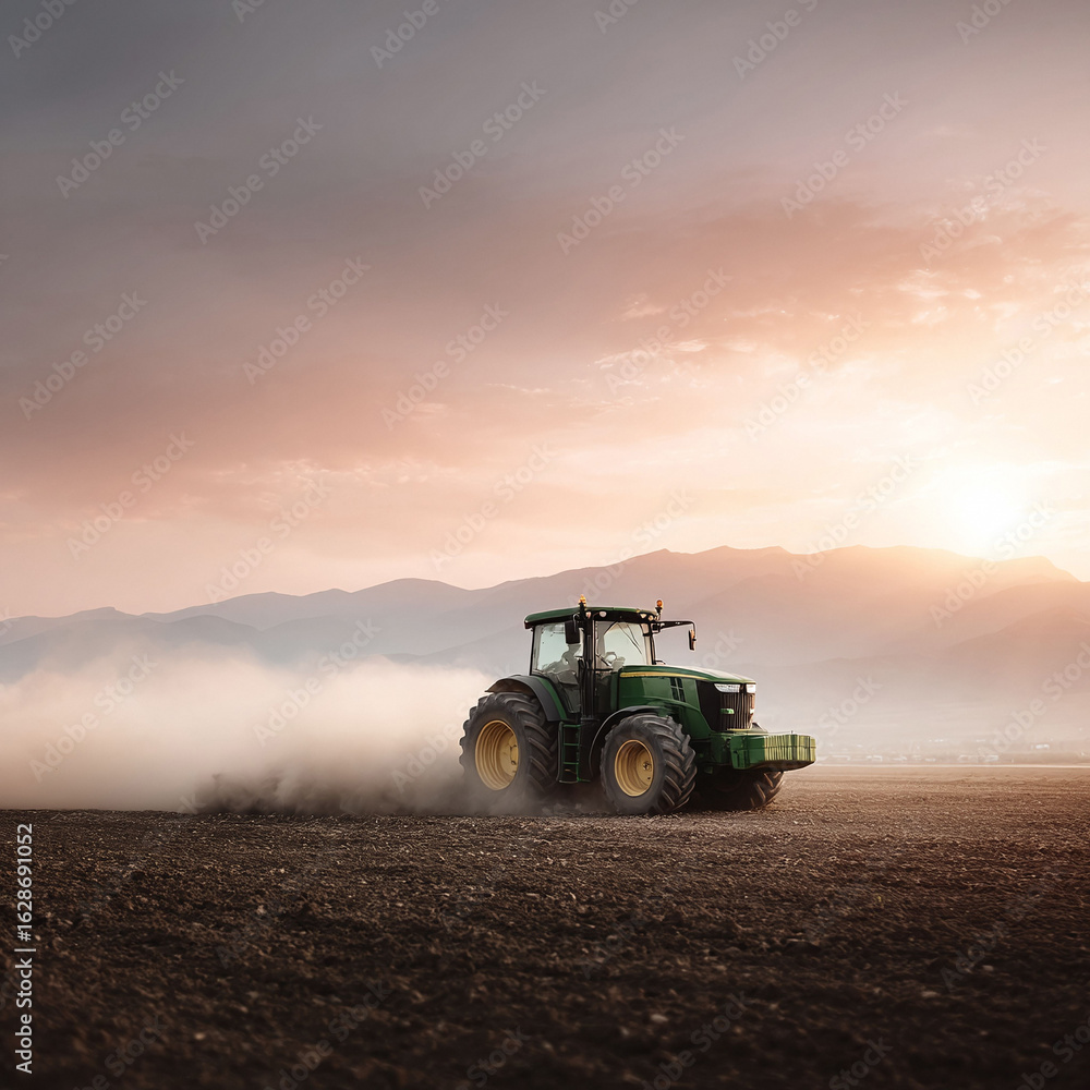 Obraz premium Dramatic image of a tractor tilling a field at sunset with mountains in the background. Evokes themes of agriculture, hard work, rural life, and food production.