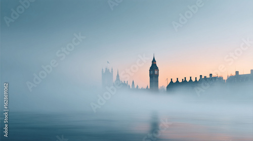 Ethereal cityscape of landmark buildings emerging from fog. Moody travel photography evokes mystery, history, and urban exploration. Use for travel, finance, or culture.