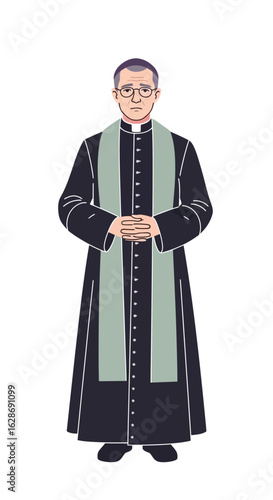 A full-length illustration of a priest wearing a cassock and stole, standing formally. Vector graphic of a Christian clergyman.