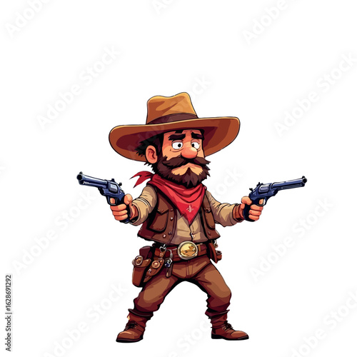 Vsai cowboy holding two revolvers ready to shoot, western character illustration