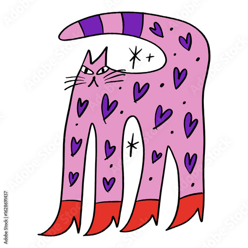 Angry Pink Cat with Sparkles Red Boots Doodle Cartoon Vector Clipart