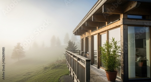 Wallpaper Mural A modern building in the fog, overlooking scenic landscapes, with plants on balcony. The architectural features of the building are prominent Torontodigital.ca