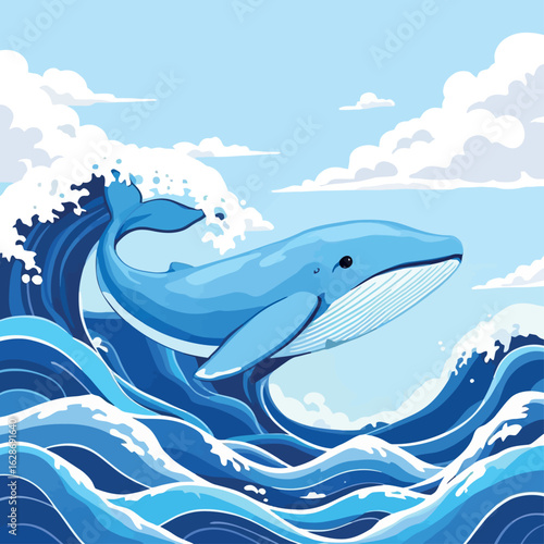 Vsai blue whale breaching from ocean waves with clouds