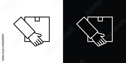 Hand holding box icon. Thin line customizable illustration.