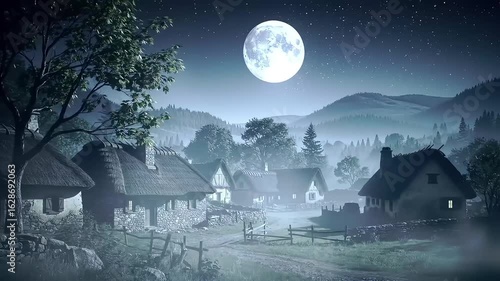 Wallpaper Mural Moonlit village, misty hills, night scene Torontodigital.ca