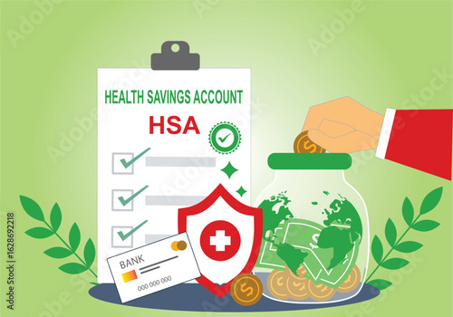 Health savings account vector graphics. Health care. Health insurance. Investments. Tax-free medical expenses on credit card, clip board, bank saving, hand, security etc. illustration.