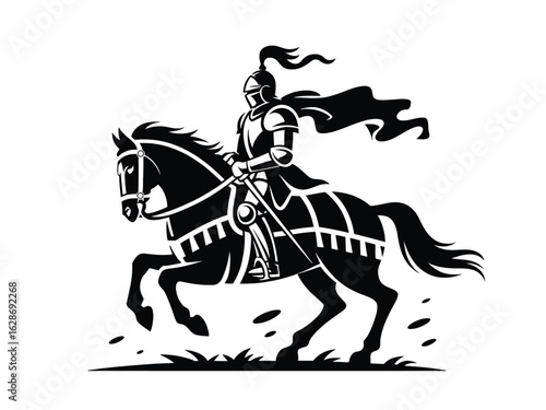 Knight in armor riding a horse with flowing cape on white background warrior medieval