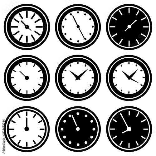 Free Download Nine Black and White Circular Clock Face Icons Showing Different Times watch hour - GFXLoad