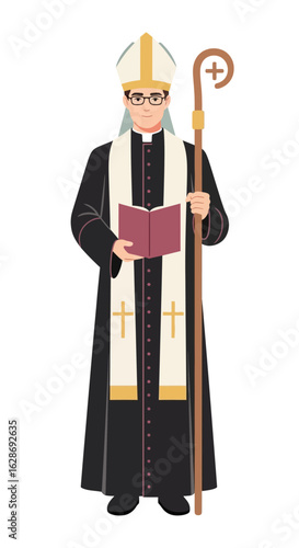 A standing Christian bishop in full vestments with a mitre, holding a sacred book and a crosier staff.