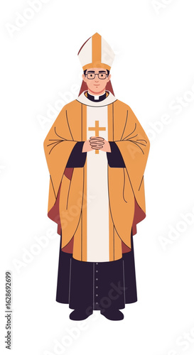 A solemn Christian bishop in traditional vestments. A religious clergy figure holding a cross, isolated on a white background.